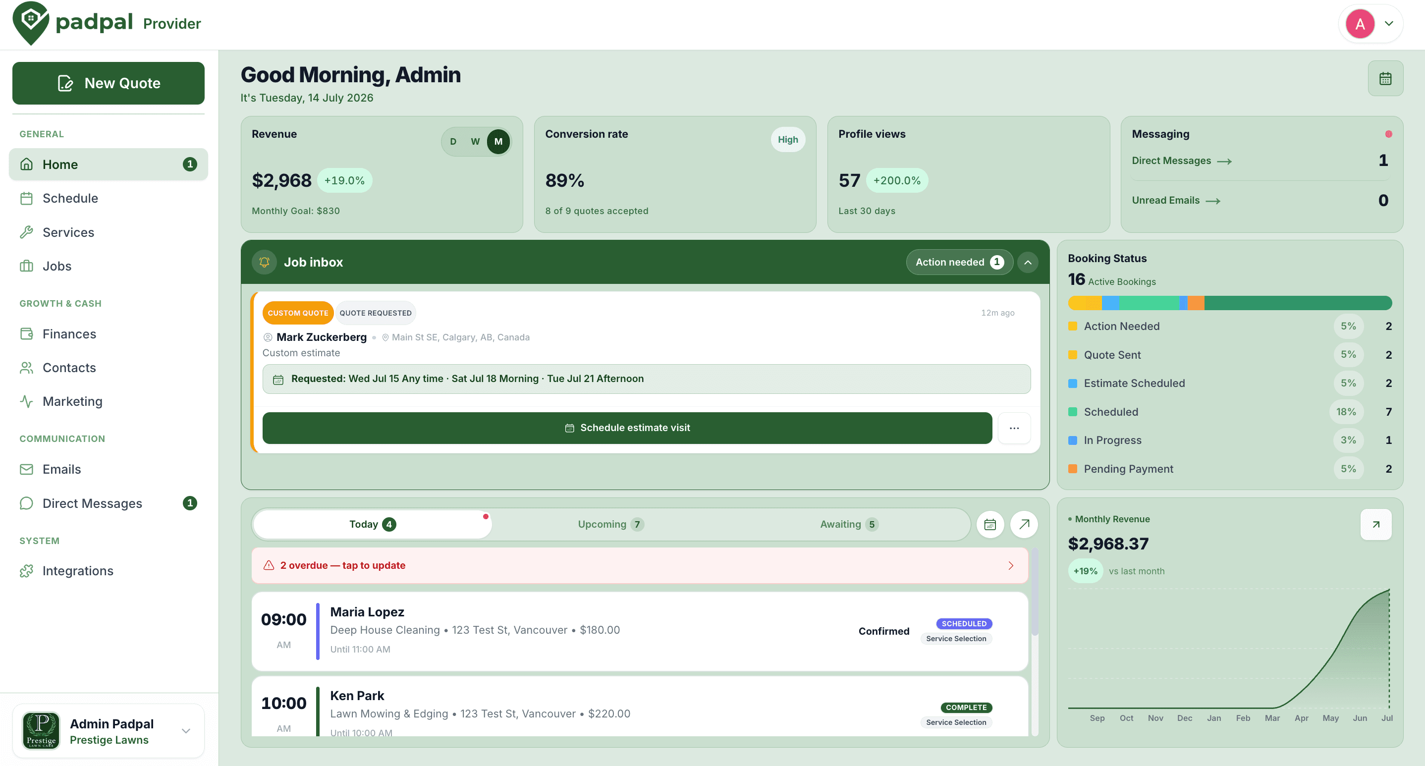 Padpal provider home screen with today’s jobs, upcoming bookings, and jobs awaiting action
